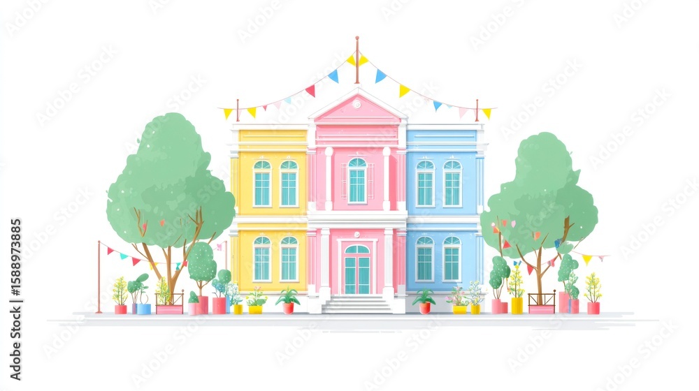 Poster a colorful building with a pink, yellow, and blue facade. the building has a large window on the fro
