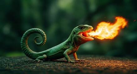Obraz premium Fiery green lizard breathes intense flames dark forest background. AI Generated