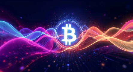 Bitcoin cryptocurrency digital technology concept glowing symbol with abstract neon waves blockchain
