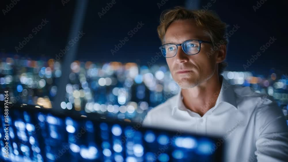 Poster an it expert with glasses analyzes firewall status on a holographic interface, surrounded by towerin