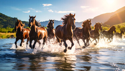 a breathtaking scene of several majestic horses in mid-gallop, kicking up