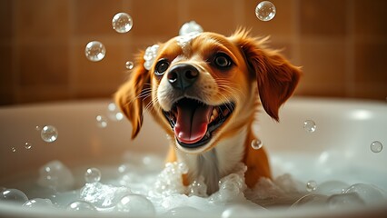 Playful dog enjoying soap bubbles in a warm bathtub setting with soft ambient light.