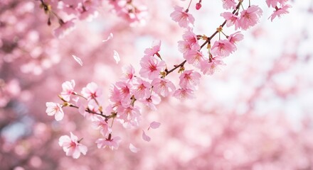 Obraz premium Delicate pink cherry blossoms gently sway in soft sunlight. AI Generated