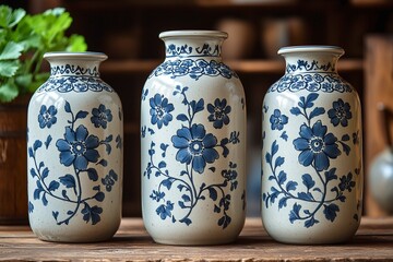 Classic Blue Floral Bembels on Rustic Wooden Table