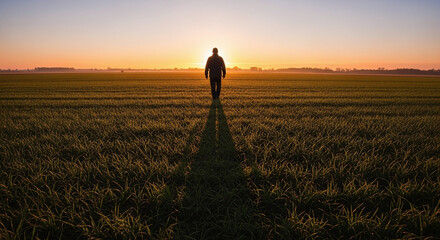 Fototapeta premium Silhouette of person walking in sunrise field. Ai generation