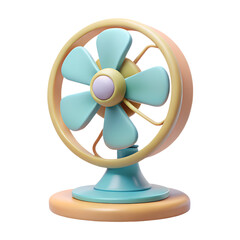 A retrostyle blue and yellow table fan is isolated on transparent background, providing a cool breeze on a hot day