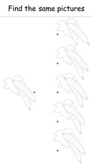 Find the same pictures of two fresh cucumbers with leaves and flower. Educational game. Black and white vector illustration for children's coloring book, worksheet, print.