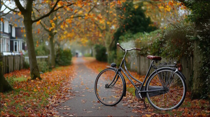 Fototapeta premium Vintage bicycle parked on a picturesque pathway surrounded by autumn foliage, showcasing vibrant leaves and a serene atmosphere, perfect for outdoor leisure and exploration