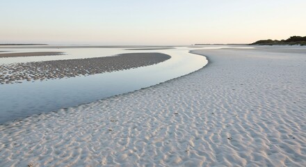 Fototapeta premium Serene coastal inlet meanders gently across pristine white sand beach bathed in soft morning light. AI Generated