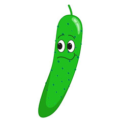 Isolated green cucumber character on white background. Vegetable vector illustration for children's entertainment, activity book, comic.
