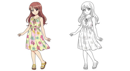 Anime Girl in Summer Dress Coloring Page with Both Vibrant Colored and Line Art Style