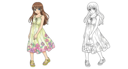 Anime Girl in Summer Dress Coloring Sheet Displaying Full Color and Detailed Line Art