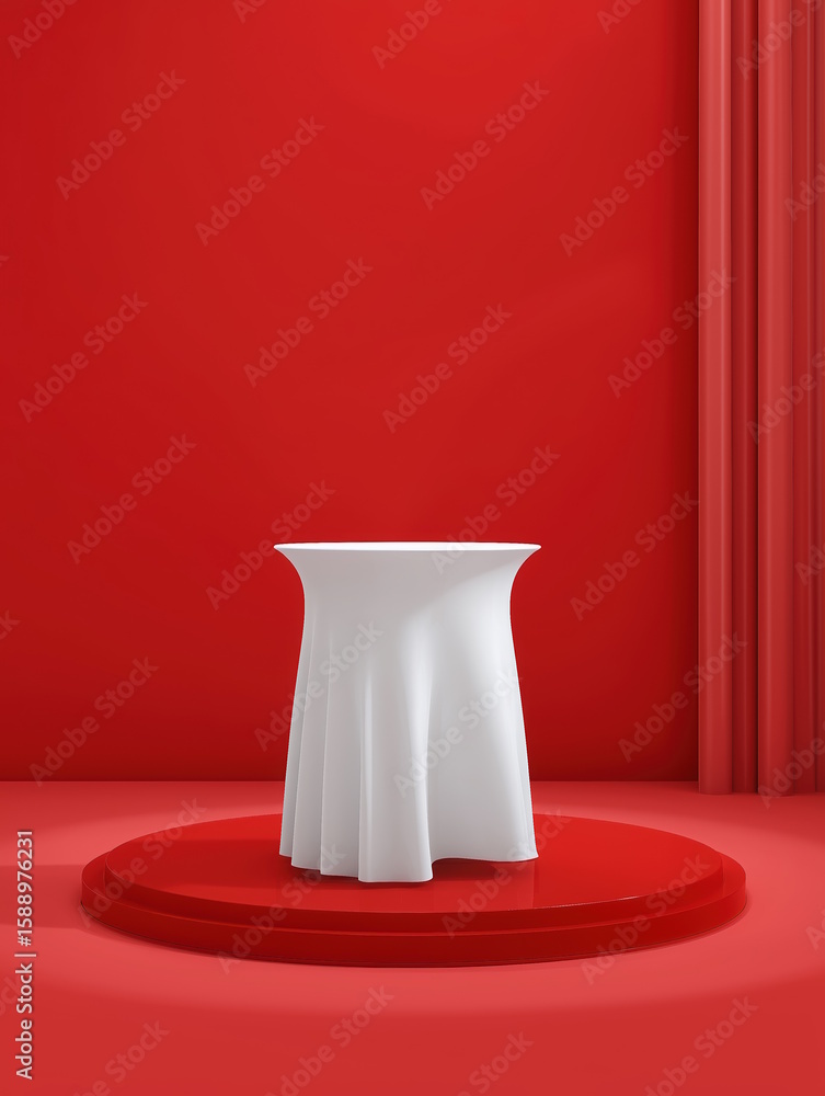 Poster white table draped with fabric stands on a circular platform against a vibrant red backdrop, creatin