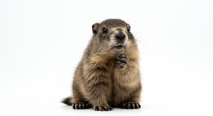 Fluffy marmot sits alert against bright white background. AI Generated