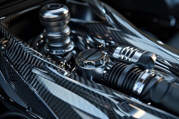 Close up of a powerful car engine featuring visible pistons, pipes, and carbon fiber components