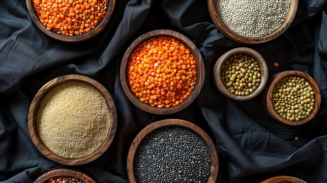  Dry Lentils And Pulses Masoor, Moong, Urad, Arhar Arranged In Radial Pattern In Round Wooden Plates Over Black Cloth. No Labels, Shadows Soft. Great For Food Prod