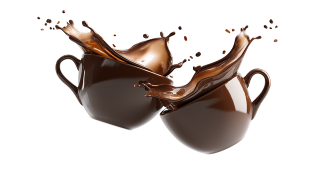 Chocolate Splash Collision Two Brown Mugs with Hot Drink Liquid Pouring Action Shot