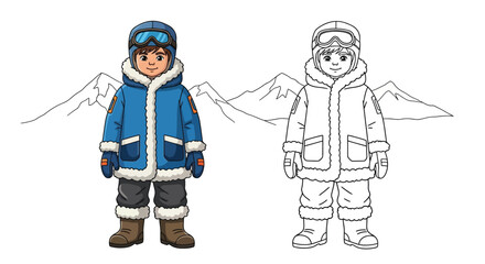 Arctic Adventure Boy Coloring Page with Both Vibrant Colored and Explore Outline Designs
