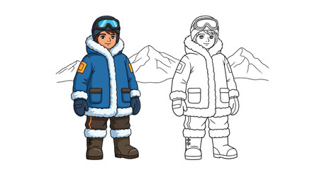 Arctic Adventure Boy Coloring Sheet Displaying Full Color and Detailed Line Art Designs