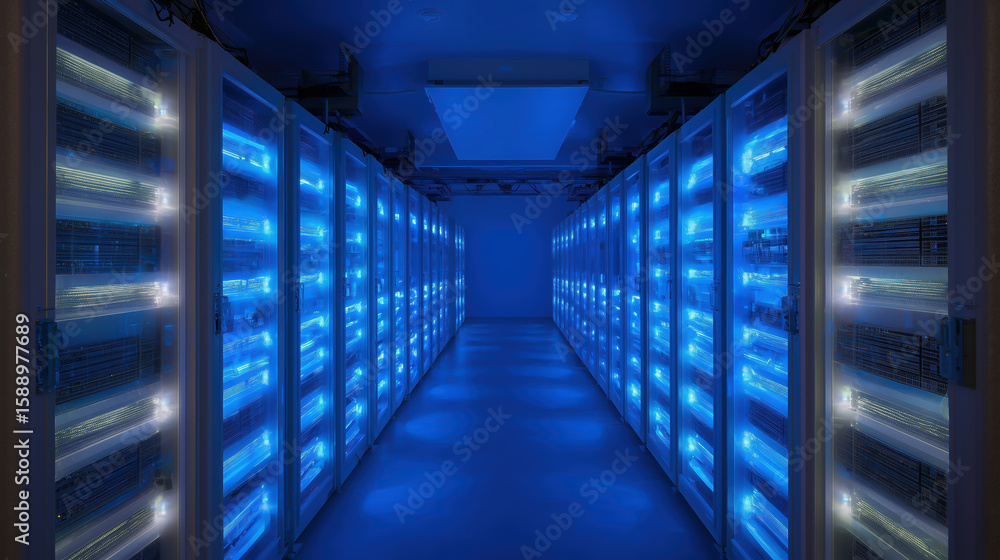 Poster data center corridor illuminated by blue led lights, showcasing rows of server racks, creating a fut