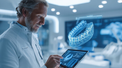 Male dentist in white coat using tablet to analyze 3D dental model in modern clinic, showcasing advanced technology and patient care in a bright environment