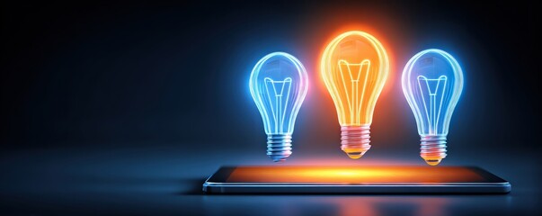 Three glowing light bulbs, two blue and one orange, hover above a smartphone on a dark background symbolizing innovation and bright ideas.
