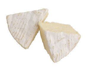 fresh slices camembert cheese isolated on white background, top view of triangular pieces camembert...
