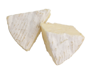 fresh slices camembert cheese isolated on white background, top view of triangular pieces camembert cheese