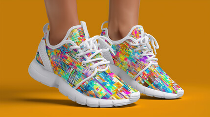 Naklejka premium Colorful sneakers with vibrant abstract patterns are showcased against a bright orange background, highlighting modern design and artistic flair for footwear enthusiasts and fashion lovers