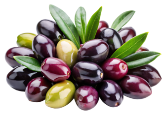 A pile of shiny fresh black and dark purple kala olives with green leaves isolated on a transparent background 1