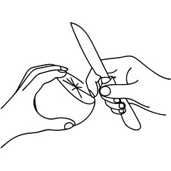 Line art illustration of person peeling a piece of fruit with knife in hand. Line art shows hands carefully peeling fruit to reveal its juicy interior.
