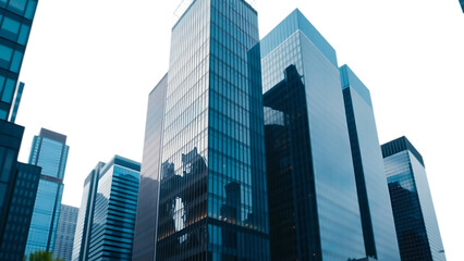 Obraz premium Set bundle of tall corporate blue glass business office buildings transparent isolated background Bi