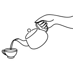 Person pouring tea into a cup, single line drawing of teapot and teacup, elegant minimalist kitchen illustration. Person pouring tea into a cup with steaming liquid, hand holding the kettle.