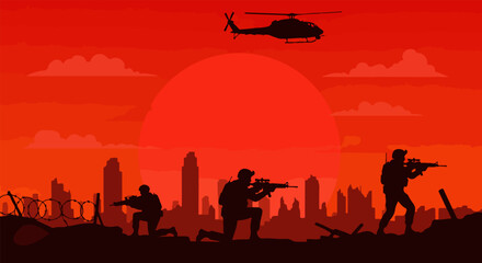 Silhouetted Soldiers in Combat Amid War-Ravaged City at Fiery Red Sunset with Helicopter, Barbed Wire, and Destroyed Urban Skyline in Vector Flat Illustration © Purnomo