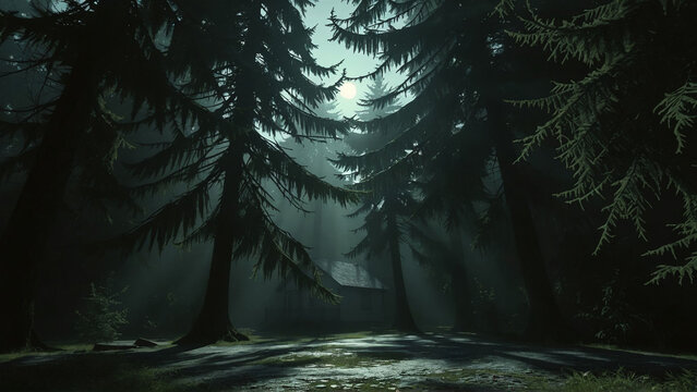 Sunlight streams through towering pines in a misty forest, illuminating a secluded cabin and creating an enchanting woodland scene.