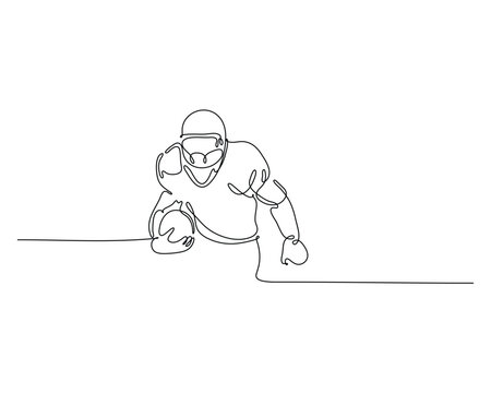 One line drawing of an American football player charging forward with the ball. Continuous line art design ideal for sports-themed prints, posters, and vector artwork.