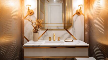 A small luxury powder room with geometric wallpaper, gold mirror frame, marble countertop, and soft spotlights above the vanity.