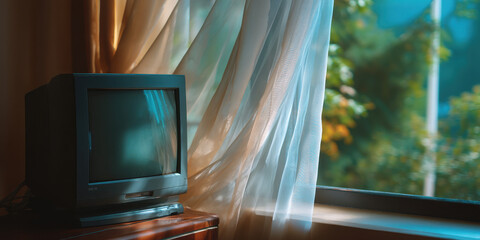 Vintage CRT monitor on wooden table near window with sheer curtain and blurred green outdoor background
