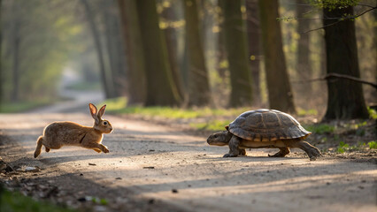 A captivating scene shows a hare racing a tortoise on a woodland path, embodying the classic fable of speed versus perseverance in a natural setting.