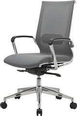Fototapeta premium Gray mesh office chair with adjustable features, perfect for modern workspaces.
