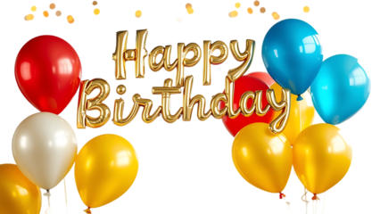 Happy birthday party greeting balloons set cutout isolated on transparent background Gold yellow red