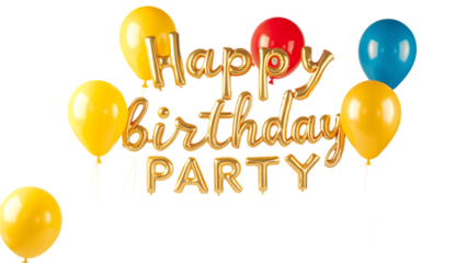 Happy birthday party greeting balloons set cutout isolated on transparent background Gold yellow red