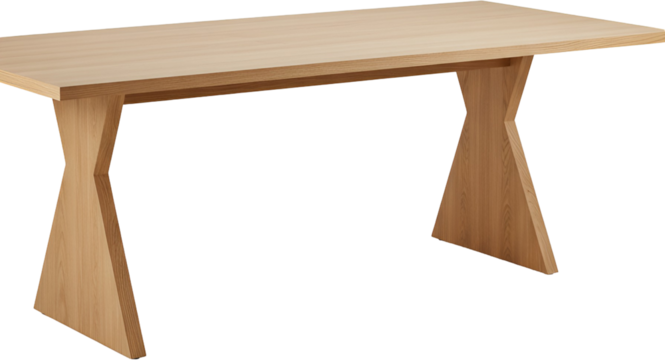 Modern light wood dining table with unique, angular base.