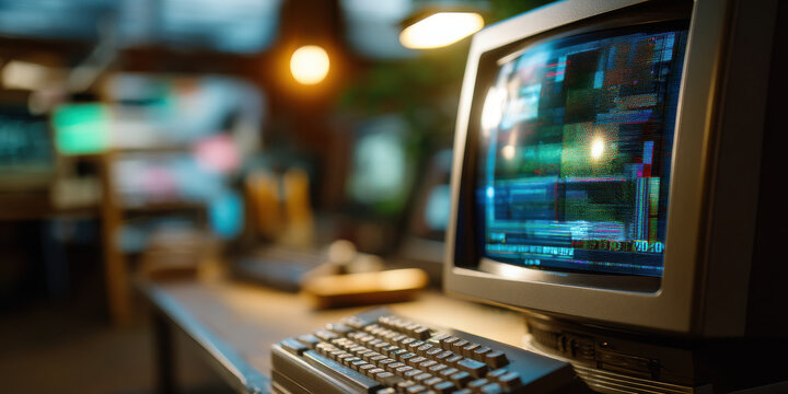 Old computer setup with CRT monitor showing glitch screen and keyboard on wooden desk in dim room