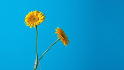 Fototapeta premium Single yellow gerbera in minimalist vase against vibrant blue gradient with dramatic lighting.