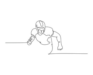 One line drawing of an American football player sprinting forward. Continuous line art style perfect for sports-themed designs, prints, and vector illustrations.