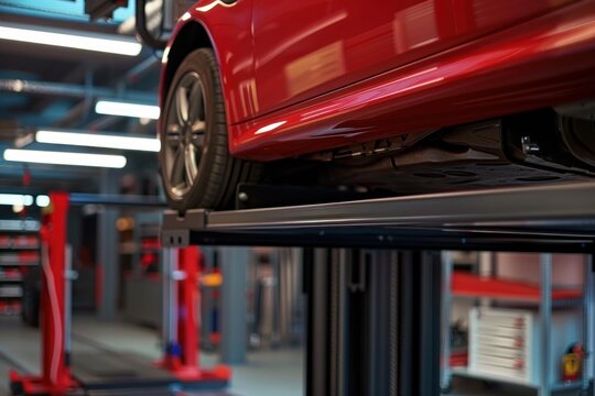 Red car lifted on a hydraulic lift in a professional auto repair shop, highlighting car maintenance and repair services