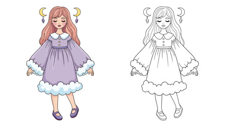 Dream World Girl Coloring Page with Both Vibrant Colored and Whimsical Outline Costume