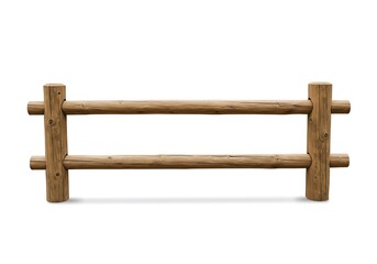 Rustic wooden fence with two horizontal rails supported by vertical posts isolated on white background