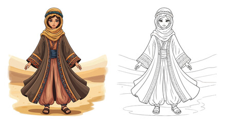 Desert Nomad Girl Coloring Sheet Displaying Full Color and Detailed Line Art Outfit